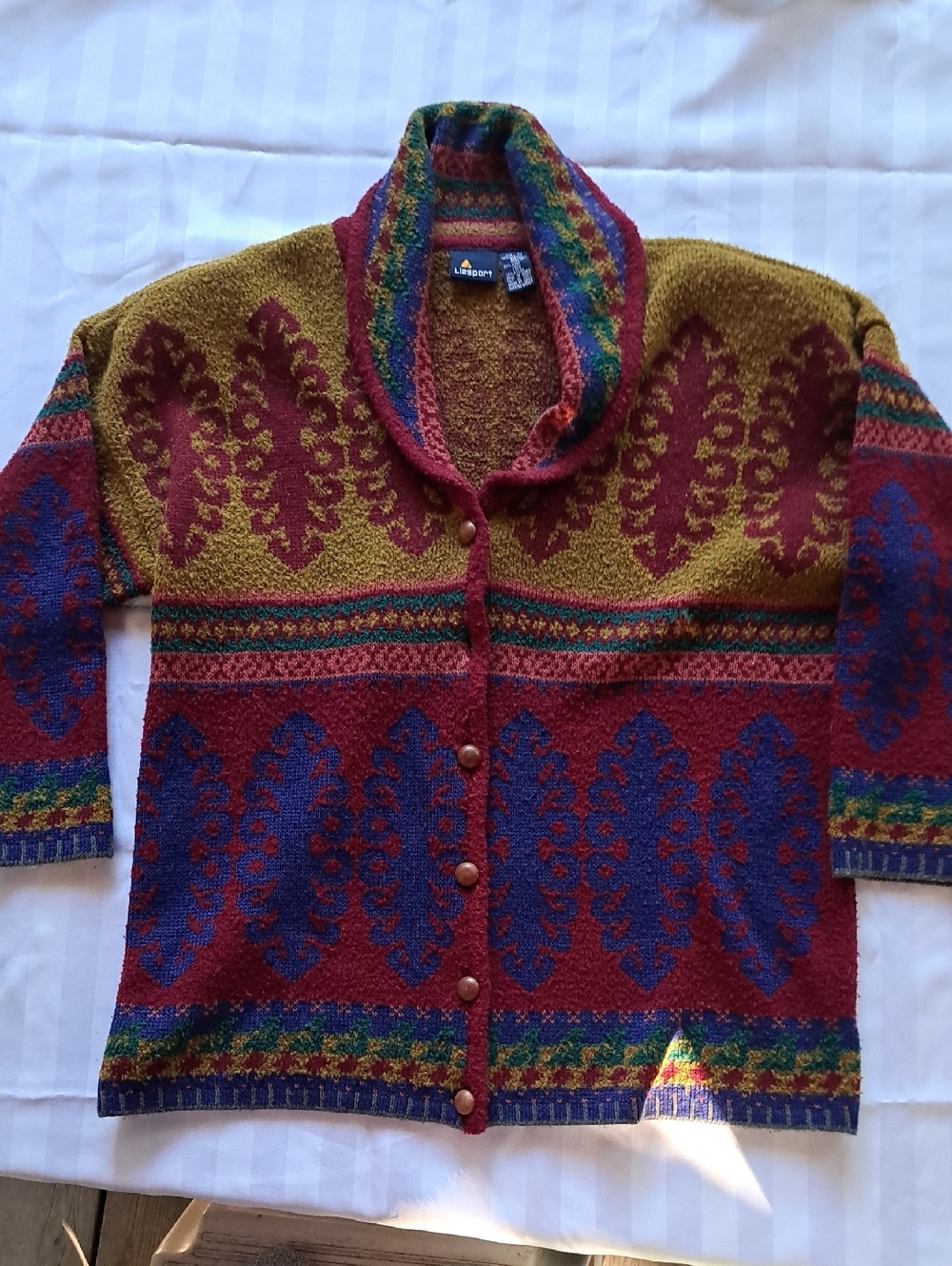 Vintage Multicolor Shawl Collar Patterned Cardigan With Shoulder Pads